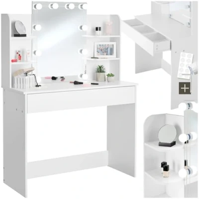 Image de TecTake® Coiffeuse avec Miroir Table de Maquillage Vanity Desk Moderne 4 étagères 1 tiroir, Éclairage 10 Lampe LED Rangement Meuble Adulte Femme Blanc