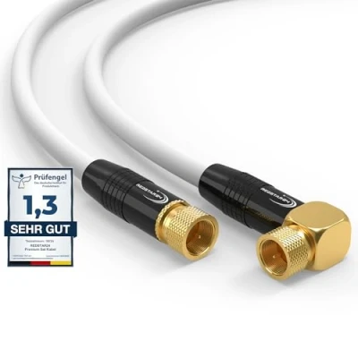 Image de RedStar24 Câble d&#039;antenne satellite numérique HDTV 135 dB 2 fiches F et 1 fiche coudée à 90 Plaqué or Classe A+ Ultra HD 4K 3D UHD 4 m Blanc