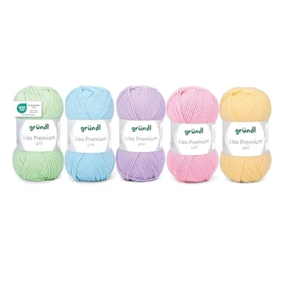Image de Gründl Lisa Premium uni Fil pour tricot et crochet 100% Polaycryl 50 g / 133 m 5 pelotes de Strcikset Vert bébé Bleu Violet Rose Jaune