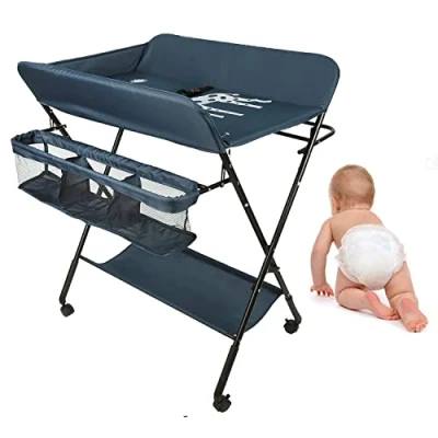 Image de OHMG Table à Langer Pliante avec Panier de Rangement,Table Portable,avec Ceinture sécurité et roues,Réglable en hauteur,Table Chambre Bébé Fer (A Gris)