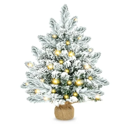 Image de Sapin De Noel, Mini Noel Artificiel 20 Pouces avec Lumières LED, Arbre Noël Base en Toile Jute, Bureau pour La Décoration du À Domicile