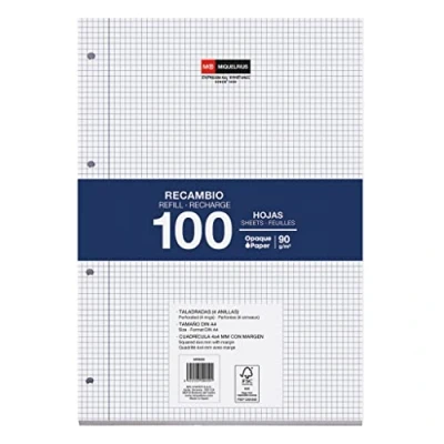 Image de Miquelrius Recharge 100 feuilles quadrillées de 4 mm et marge. Format A4, trous, papier 90 g.