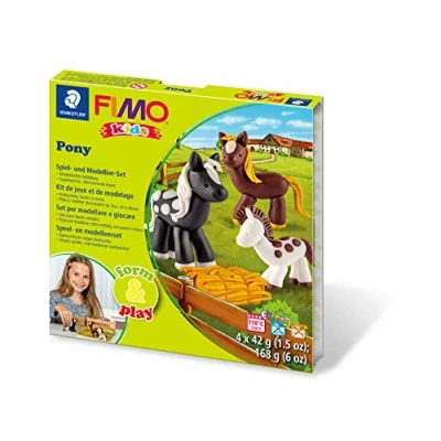 Image de STAEDTLER Fimo Kids Form&amp;Play Set &quot;Les poneys&quot; 4 pains pâte à modeler 42 g assortis + 1 outil de modelage décor notice d&#039;utilisation détaillée 8034 08 LY