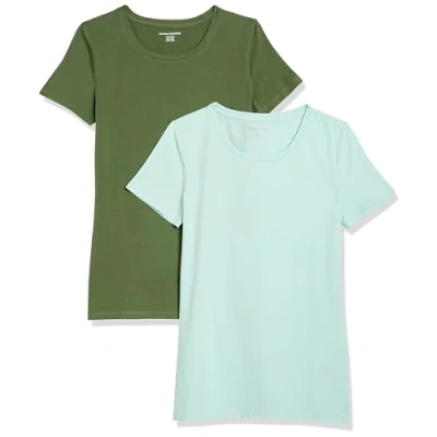 Image de Amazon Essentials T Shirt Col Rond à Manches Courtes Coupe Classique Femme, Lot de 2, Vert Menthe/Vert Uniforme, XXL