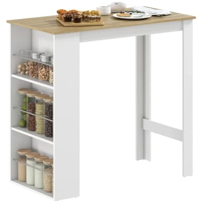 Image de HOMCOM Table de Bar Haute Cuisine Mange Debout comptoir dim. 112L x 57l 106H cm 3 étagères Aspect chêne Clair Blanc