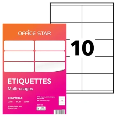 Image de OFFICE STAR 1000 Étiquettes Autocollantes Multi Usages Blanches Personnalisables Imprimables Format 105 x 57 mm Impression Laset Jet d&#039;Encre et Copieur