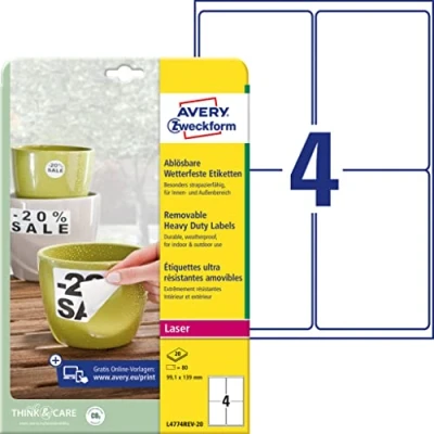 Image de Avery Zweckform L4774REV 20 Lot de 80 étiquettes réutilisables Blanc 99,1 x 139 mm