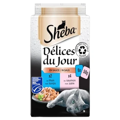 Image de Sheba Délices du Jour Nourriture humide pour chat adulte sélection au Saumon et Thon MSC en sauce Sachets fraîcheur 72 x 50g