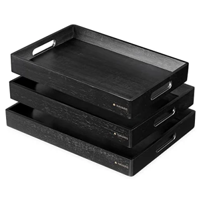 Image de Navaris Plateau de Service rectangulaire Lot 3X en Bambou avec 2 poignées Repas Petit déjeuner Taille S M L