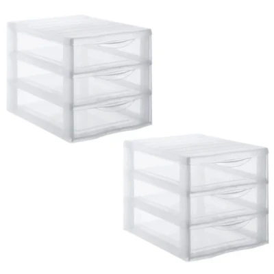 Image de Sundis Orgamix, lot de 2 tours rangement en plastique transparent, 3 tiroirs format papier A4, hauteur 25,5 cm, superposables, idéales bureau, cours, documents, fournitures