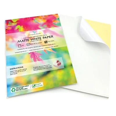 Image de Evergreen Goods Lot de 50 feuilles papier autocollant blanc mat A4 imprimables à jet d&#039;encre et au laser Créez vos propres autocollants, loisirs créatifs, traceur découpe Dos adhésif solide