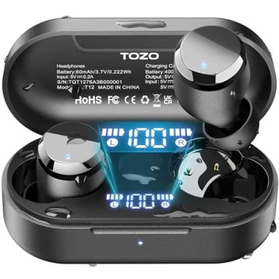 Image de TOZO T12 Mini Écouteurs Bluetooth sans Fil, 55H Ecouteurs Fil Réduction du Bruit avec LED Numérique, IPX8 Casque EQ Personnalisé par Application Noir