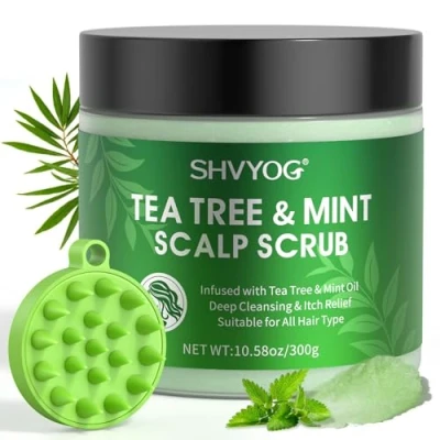 Image de Gommage du Cuir Chevelu à L&#039;arbre Thé, Menthe Exfoliant, Nettoyage Chevelu, Arbre Thé Shampoo, Prévention de la Perte Cheveux, Crème Exfoliante avec Masseur, 300g/10,58oz