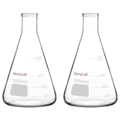 Image de stonylab Fioles Erlenmeyer, Lot de 2 Erlenmeyer en Verre Borosilicaté à Col Étroit 1000 ml Paroi Épaisse, Matériel Laboratoire