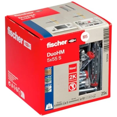 Image de fischer DuoHM Lot de 25 chevilles pour corps creux 5 x 55 S TX, à plaque avec vis tête panhead métrique et entraînement TX la fixation supports TV, luminaires, étagères murales,