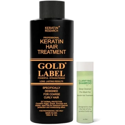 Image de Gold Label Professional Results Brazilian Keratin Blowout Hair Straightening Treatment with Clarifying Shampoo Enhanced Specifically Designed for Coarse Curly
