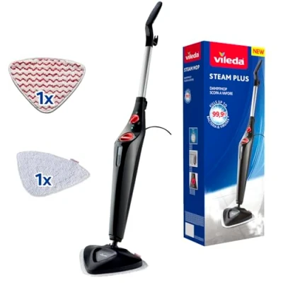 Image de Vileda Steam Plus Nettoyeur vapeur avec PowerPad et housse de rechange en microfibre, élimine jusqu&#039;à 99,9% des bactéries virus, pour tous les sols, idéal tapis, emballage écologique