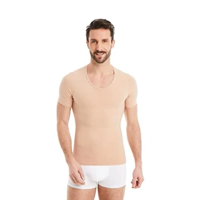 Image de FINN T Shirt Gainant pour Hommes avec col en V Maillot de Corps Shapewear à Manches Courtes Coton Compression Body Shaper Un Ventre Plus Plat Couleur Peau Nude 3XL