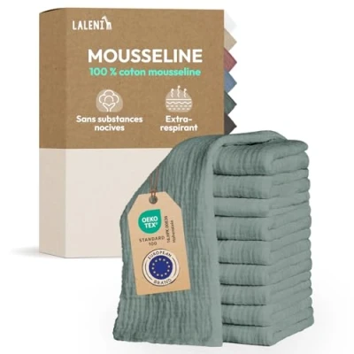 Image de Laleni Lot de 10 Lange Bebe 70x70 Langes Coton bébé Haute qualité 100% Multi Usage Gaze mousselines très absorbantes debarbouillette Lavable Carre Vert