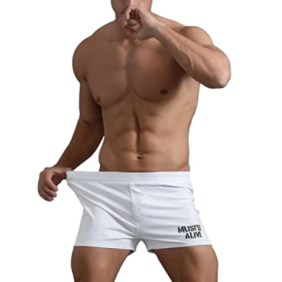 Image de Musclealive Hommes Gym La Musculation Faire des Exercices Men Short Coton,Style A White, 3 Inseam Thin Fabric Without Pockets,L (taille 34Pouce 37Pouce)