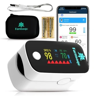 Image de Oxymetre de doigt et Saturometre professionnel médical FARMAQO (précision clinique, pouls, Ecran OLED, oxygene, SPO2, BPM, frequence cardiaque, application bluetooth)