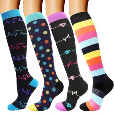 Image de DRESHOW 4 Paires Chaussettes de Compression pour Femmes &amp; Hommes Circulation Athlétisme,Course,Cyclisme,Voyage
