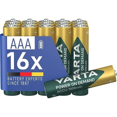 Image de VARTA Piles AAA, rechargeables, lot de 16, Recharge Accu Power on Demand, batterie rechargeable, 1000 mAh Ni MH, sans effet mémoire, préchargées, prêtes à l&#039;emploi [Exclusif sur Amazon]