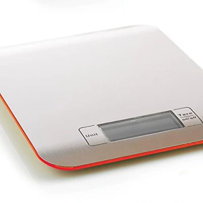 Image de MASTRAD Balance Inox Précision au Gramme Près Pesée en Gramme, Kilogramme, Livres et Onces Extra Plate Légère F76508 Acier Inoxydable Rouge 22 x 16.2 1.4 cm