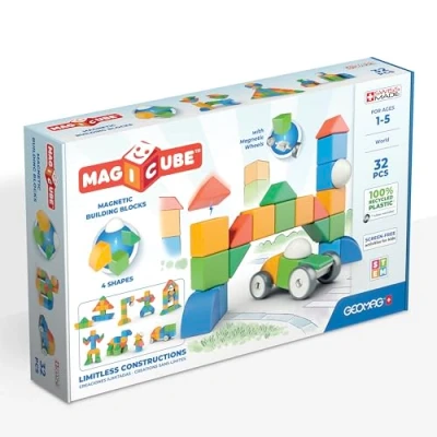 Image de GEOMAG MAGICUBE 32 Pièces Blocs de Construction Magnétiques à Empiler pour Bébé dès 1 An 4 Couleurs &amp; Formes avec Roues 100% Plastique Recyclé Jouet Educatif Fabriqué en Suisse
