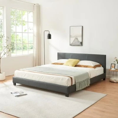 Image de Lit Double Rembourré Moderne Robuste Sommier à Lattes Solide Housse Similicuir Design Élégant 180 x 200 cm Gris Foncé