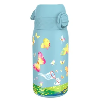 Image de Ion8 Gourde Isotherme Enfant, Inox, 320ml, Anti Fuite, Facile à Ouvrir, Verrouillage Sécurisé, Lavable au Lave Vaisselle, Poignée de Transport, Durable, Acier Inoxydable, Motif 3D Attrape Papillon