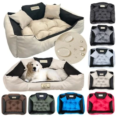 Image de Un lit pour très Grands Chiens XXL 130x105 cm Personnalisé Nom du Chien Coussin imperméable Canapé adapté au Lavage Moelleux et Douillet, Super Doux Made in EU Beige