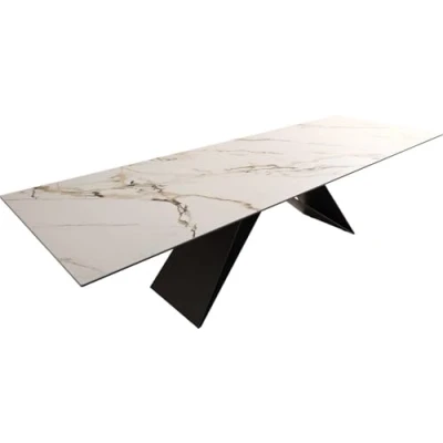 Image de Table à manger Edge 300x100 céramique Calacatta Luxe blanc doré gris cadre en V acier plat noir