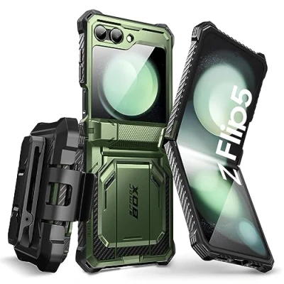 Image de i Blason [Armorbox Coque pour Samsung Galaxy Z Flip 5 (2023) avec Protecteur d’Ecran Intégré &amp; Clip Ceinture Béquille, Intégrale Robuste Protection de Charnière (Vert)