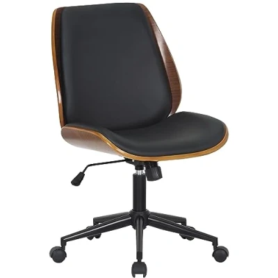 Image de CLP Chaise de Bureau Mitch I avec Assise en Bois et Fonction basculante à roulettes réglable Hauteur, Couleur:Noyer/Noir, Couleur du Cadre:Noir