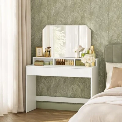 Image de VASAGLE Coiffeuse avec Miroir Pliable, Table de Maquillage, 2 tiroirs et 3 Compartiments Rangement, Style Moderne, Blanc RDT115W01