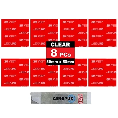 Image de CANOPUS 3M Ruban adhésif Double Face Extra Fort VHB 4910, 8 PCs (50 mm x 50 mm), Transparent Tampon idéal pour connecter des matériaux transparents