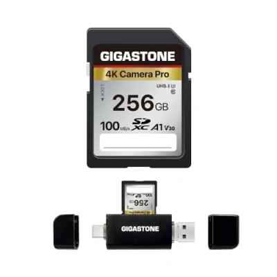 Image de [GIGASTONE] Carte Mémoire SDXC 256 Go avec USB Type C Lecteur de Carte, 4K Caméra Pro, Vitesse jusqu&#039;à 100 Mo/s. Compatible Canon Nikon Sony Caméscope, Video A1 V30 UHS I, C10