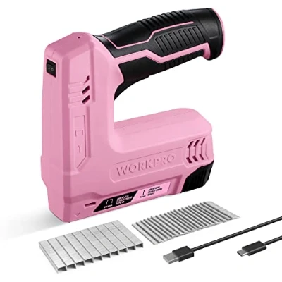 Image de WORKPRO Agrafeuse sans Fil 3,6V 2000 mAh avec Agrafes, Multifonction 2 en 1 Compatible Clous et Agrafes Type 53, 8 pour les Projets de Bricolage Ameublement, Menuiserie(Rose)