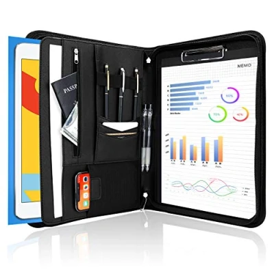 Image de ProCase Portfolio A4 en Simili Cuir, Porte Documents avec Papiers Écrit, Bloc notes pour Record de Réunion/RDV Affaires, Portefeuille Zippée, Légère Durable Noir