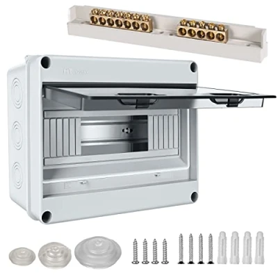 Image de Boîte à fusibles Montage en saillie Sous distribution IP65 Avec 1 rangée de 12 modules, pinces laiton, petit distributeur pour pièces humides, jardins, extérieur, villas