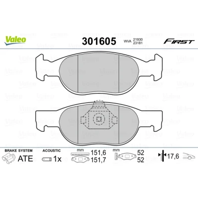 Image de VALEO 301605 Jeu de plaquettes frein FIRST Essieu avant contact signal d&#039;usure inclus sans tôle anti bruit FIAT: Punto II 3/5 portes
