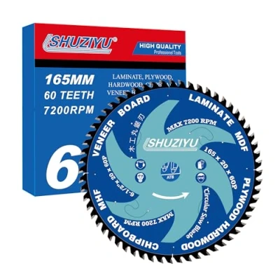 Image de LSHUZIYU 165mm 60T, Lame De Scie Circulaire, Kerf Super Fin 1.6mm, Trou Central 20mm, À Utiliser Sur Une Sans Fil, Pour Couper Du Bois, Des Panneaux Particules, Mdf, Etc.