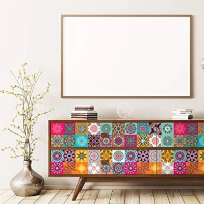 Image de Ambiance Stickers Adhésif Meuble Carreaux de Ciment Sticker Autocollant Carrelage Décoration pour Tables Armoires Commodes Étagères Ugo 60 Tiles 10x10 cm