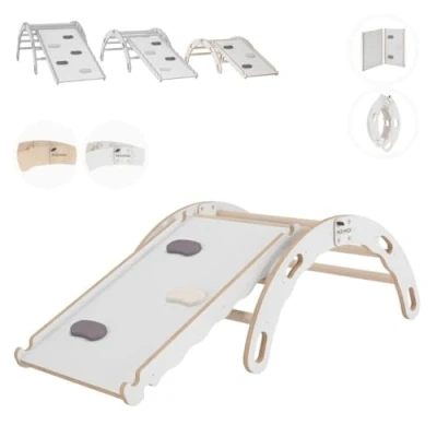 Image de MAMOI® Triangle avec Toboggan Interieur, Mur Escalade pour Enfant, Aire de Jeux Bebe, Espalier en Bois, Rocker Arche à partir 1/2/3 an, Bascule Montessori