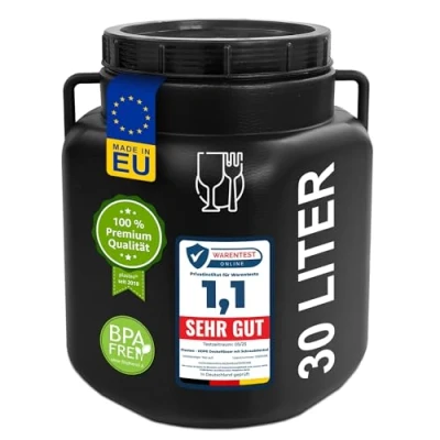 Image de plasteo® tonneau rectangulaire à col large de 30 litres avec couvercle et poignées, noir, convient un usage alimentaire sans BPA, en plastique universel,