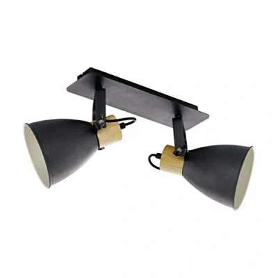 Image de Eglo Plafonnier Coswarth, luminaire vintage à deux lampes, spots de plafond style industriel en acier et bois, anthracite, crème blanc, naturel, avec douilles E27