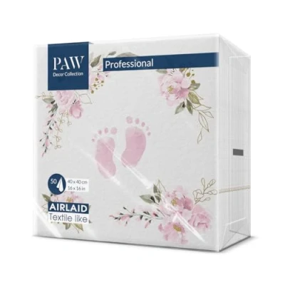 Image de PAW Serviette de Table Papier Airlaid (40 x 40 cm) I 50 Pièces Parfait pour la Communion, Confirmation, le Baptême Serviettes en Tissu Décoration Pieds Bébé Rose Clair