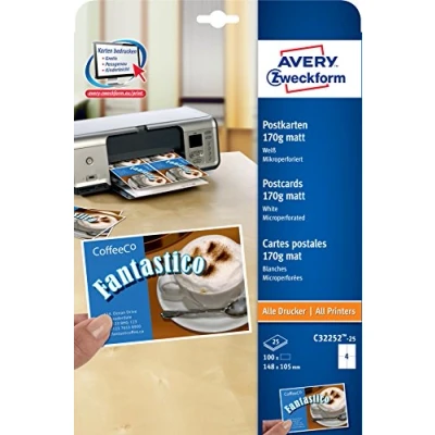 Image de Avery Zweckform C32252 25 Paquet de feuilles A4 170 g 4 cartes postales chacune 148 x 105 mm (Blanc) (Import Allemagne)