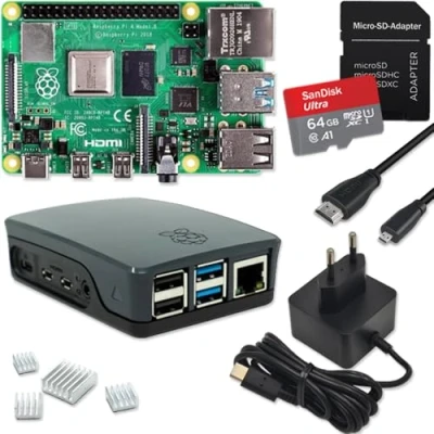 Image de Raspberry Pi 4 Kit de démarrage 8 Go Carte Micro SD 64 Bloc d&#039;alimentation USB C 15 W Boîtier noir Câble HDMI 4K dissipateur thermique modèle B RAM